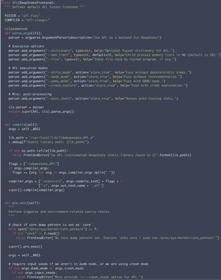 Example front-end wrapper for AFL. One inherited method, pre_exec, allows the user to perform sanity checks before execution. Both environment properties (i.e. core dump pattern) and argument parsing are checked.