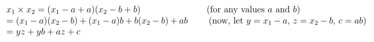 Equation showing the algebraic identity used to compute x1 times x2 from Beaver triples