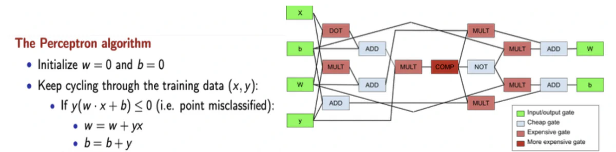 Pseudocode for the perceptron algorithm next to a hybrid circuit diagram for one iteration of the algorithm