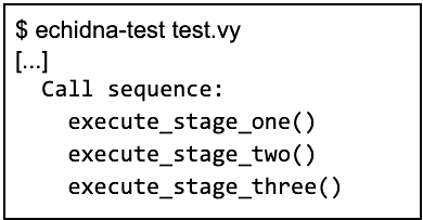 Terminal output of echidna-test showing the call sequence that breaks the property