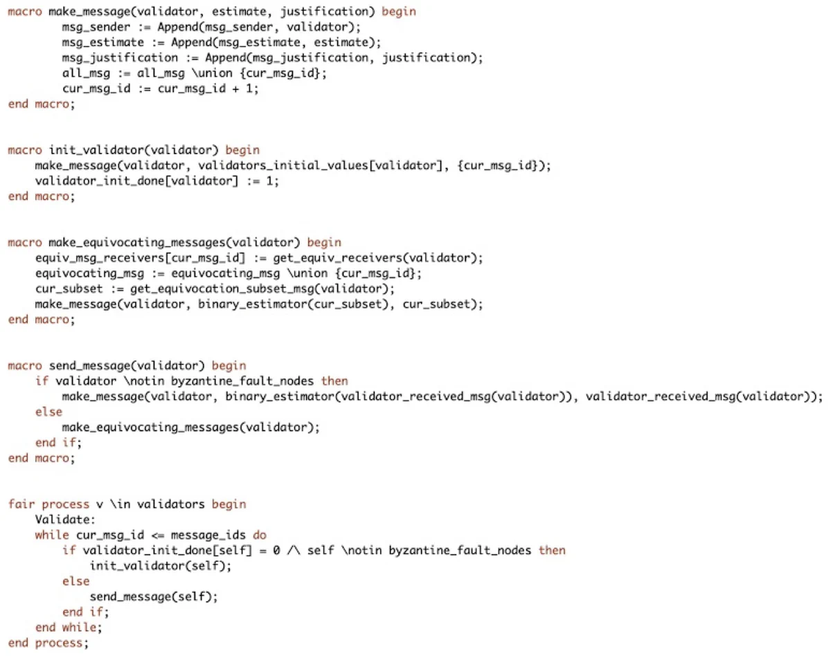 Figure 2: The CBC Casper message relay specified in PlusCal.