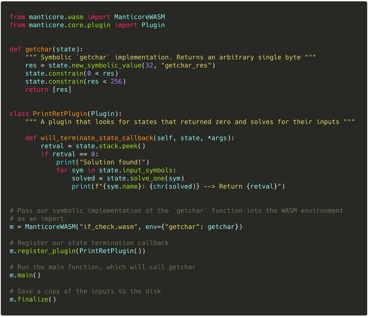 Manticore solution script for solving the WASM crackme