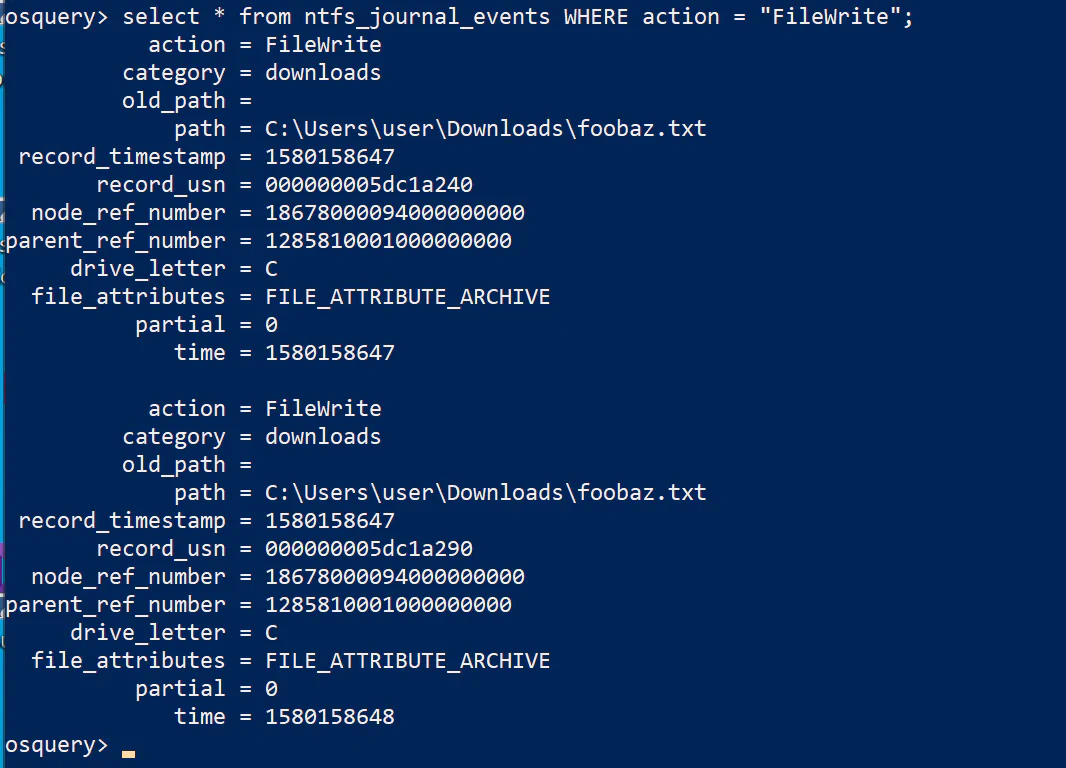 Terminal output of an osquery query selecting FileWrite events from the ntfs_journal_events table, showing two records for C:\Users\user\Downloads\foobaz.txt