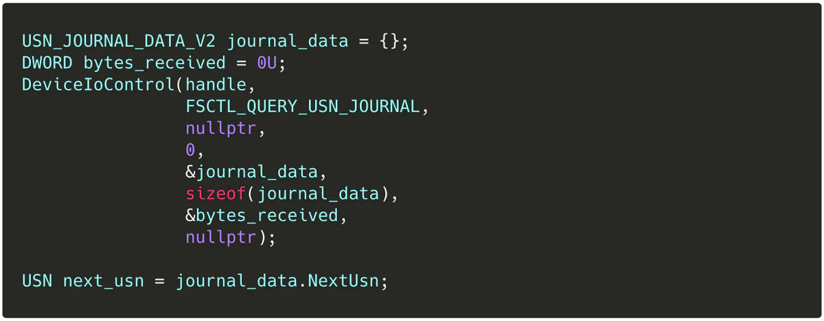 C++ code calling DeviceIoControl with FSCTL_QUERY_USN_JOURNAL to get the current USN