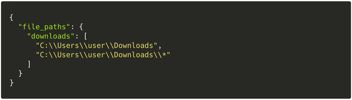 JSON osquery configuration specifying file_paths to monitor under the downloads category