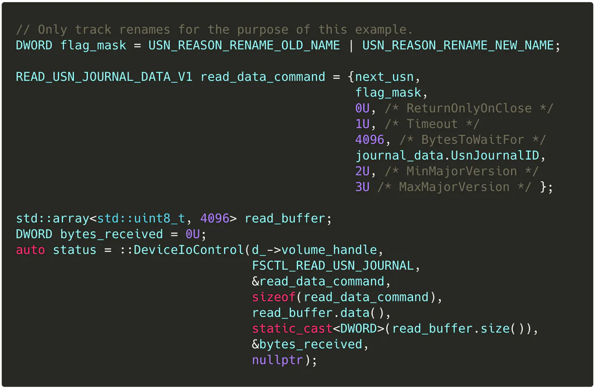C++ code calling DeviceIoControl with FSCTL_READ_USN_JOURNAL to read change journal records into a buffer