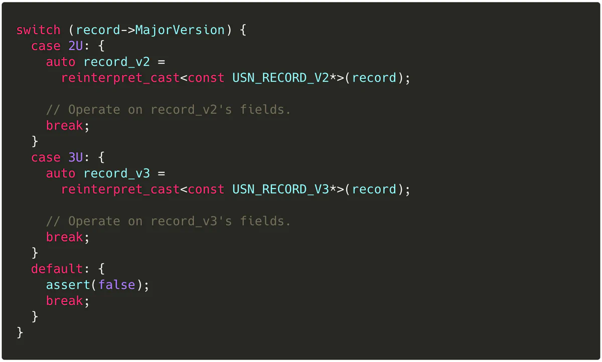C++ code in process_usn_record switching on record->MajorVersion to cast to USN_RECORD_V2 or USN_RECORD_V3