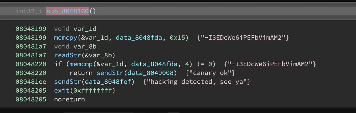 Binary Ninja High Level IL (HLIL) linear view of the challenge binary