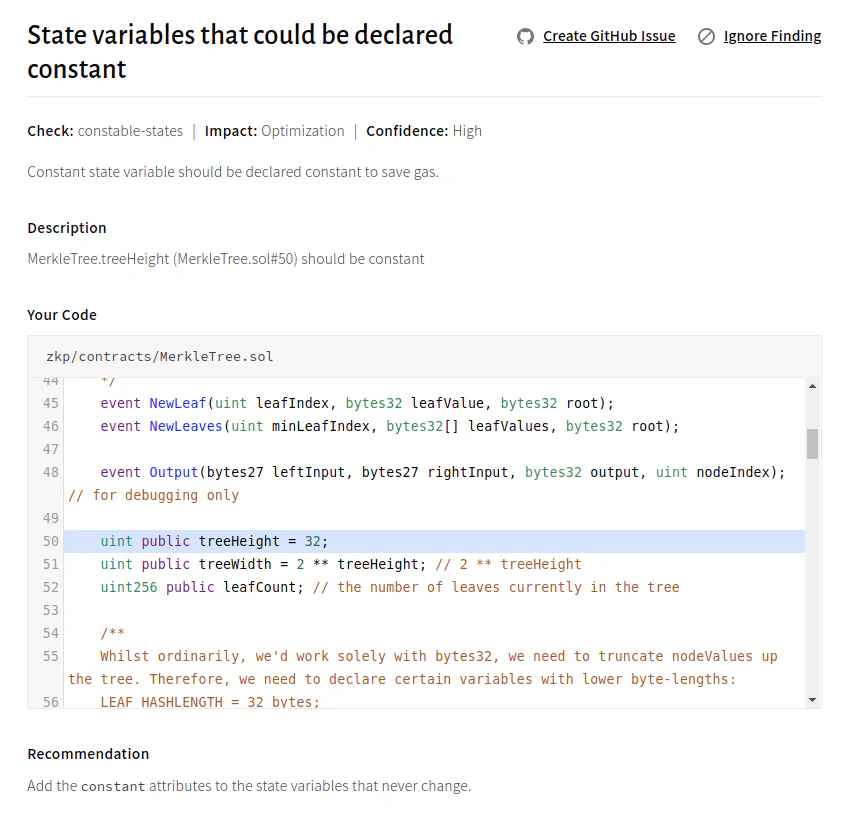 Crytic report for Issue 3: MerkleTree.treeHeight and MerkleTree.zero can be constant