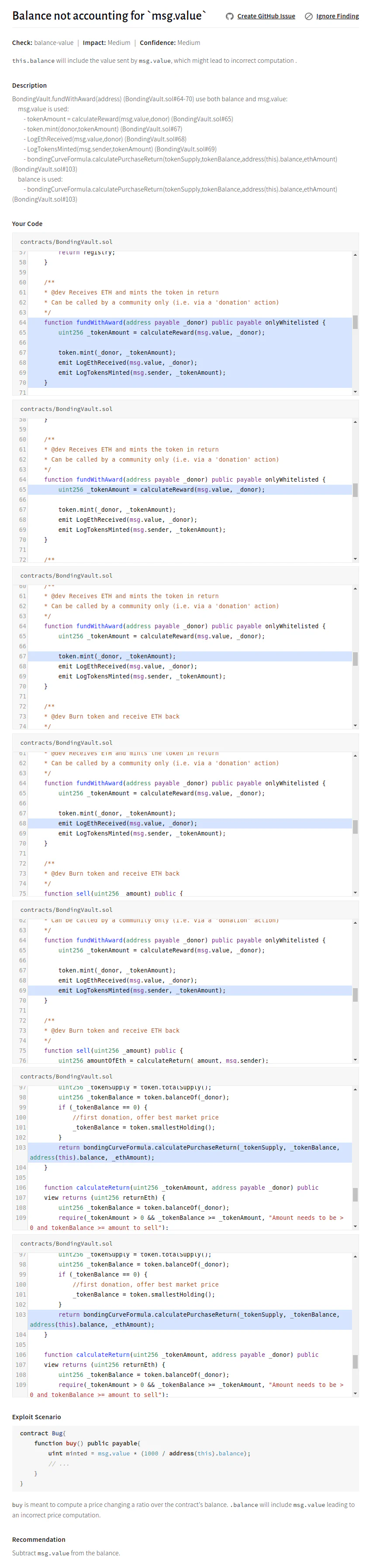 Crytic report for Issue 8: Msg.value is used two times in fundWithAward