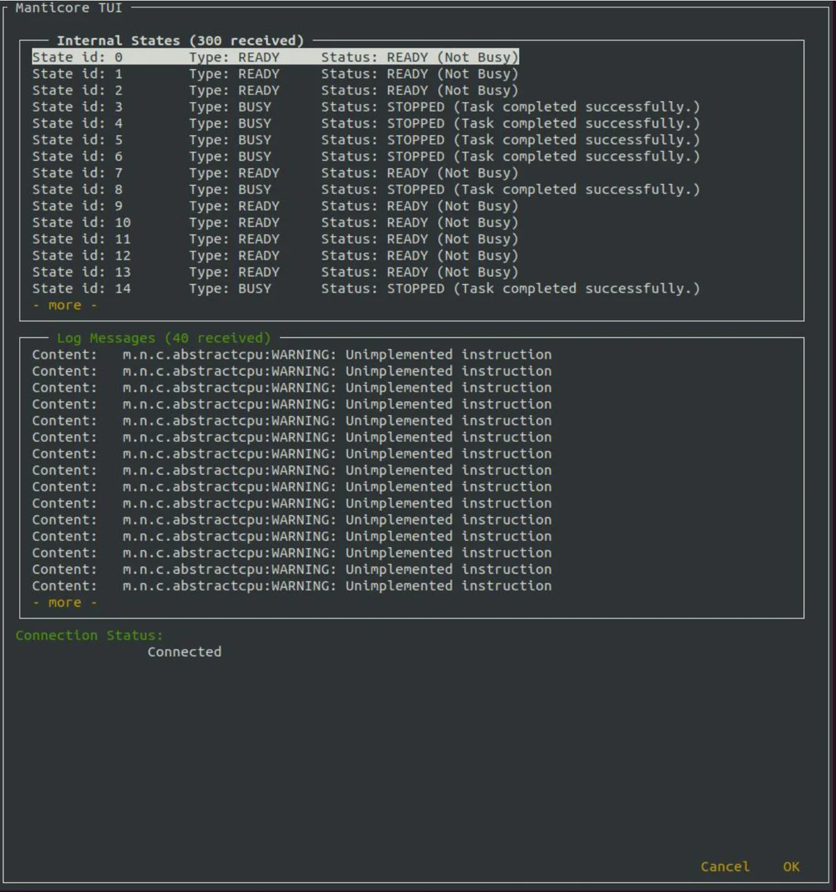 Manticore TUI showing a list of internal state objects and log messages