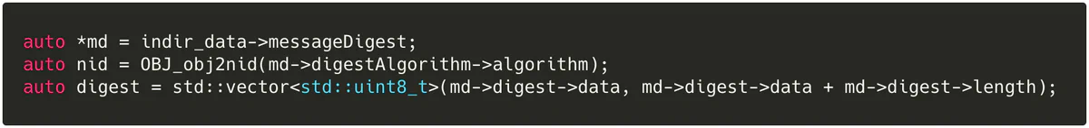 C++ code extracting the message digest algorithm NID and digest bytes from the indirect data’s messageDigest field