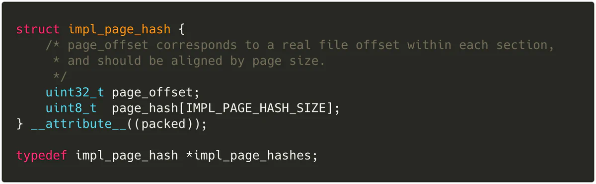 C struct definition of impl_page_hash, containing a page_offset and a fixed-size page_hash array, with a typedef for impl_page_hashes
