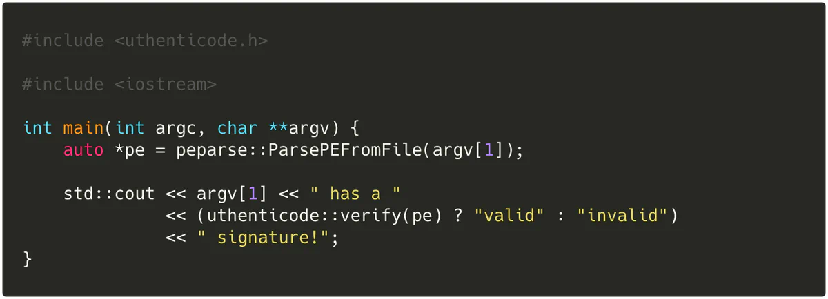 C++ example using uthenticode.h to parse a PE file with peparse and print whether its Authenticode signature is valid