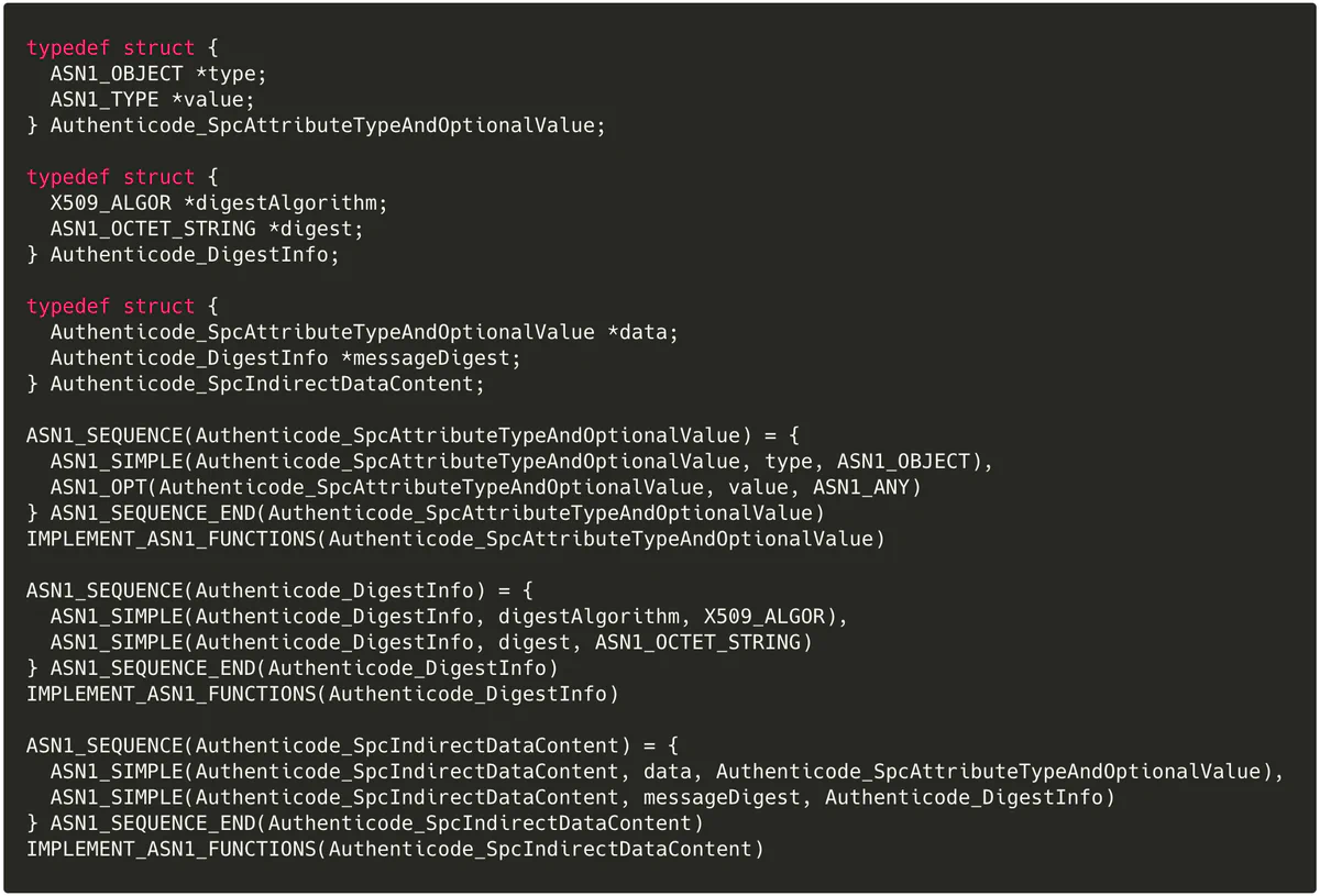 C typedefs and OpenSSL ASN1_SEQUENCE macros implementing Authenticode_SpcAttributeTypeAndOptionalValue, Authenticode_DigestInfo, and Authenticode_SpcIndirectDataContent