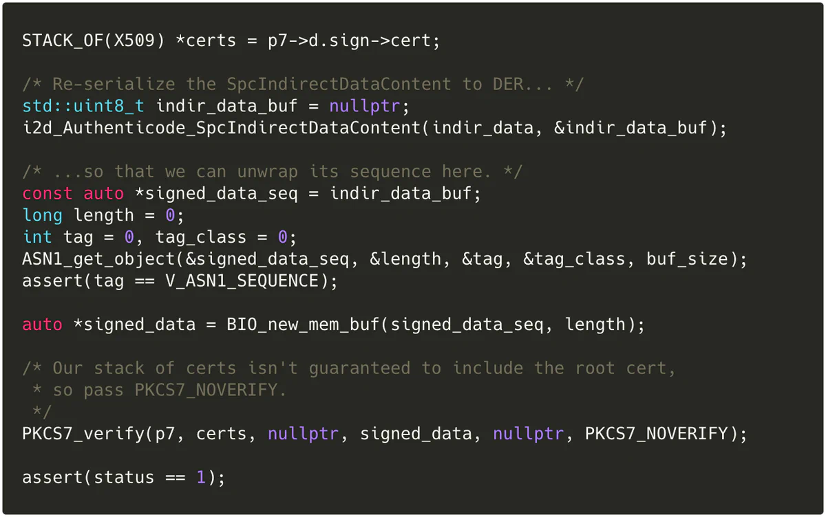 C++ code re-serializing the SpcIndirectDataContent to DER, unwrapping its sequence, and calling PKCS7_verify with PKCS7_NOVERIFY
