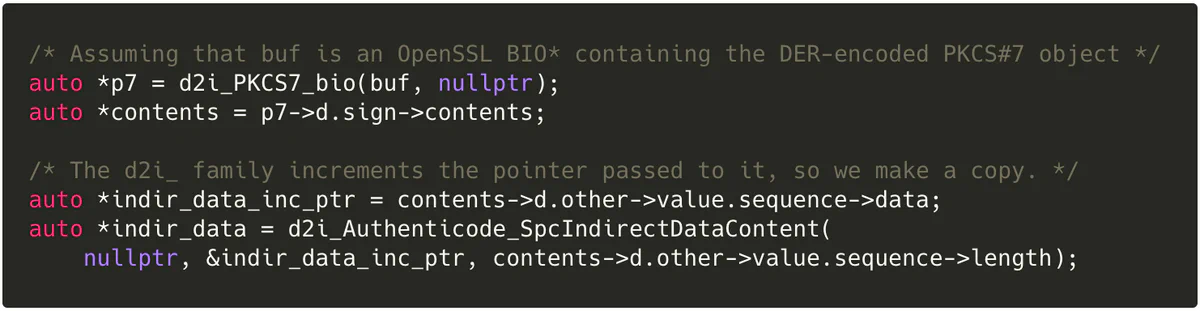 C++ code using d2i_PKCS7_bio and d2i_Authenticode_SpcIndirectDataContent to parse a SignedData&rsquo;s contents and indirect data
