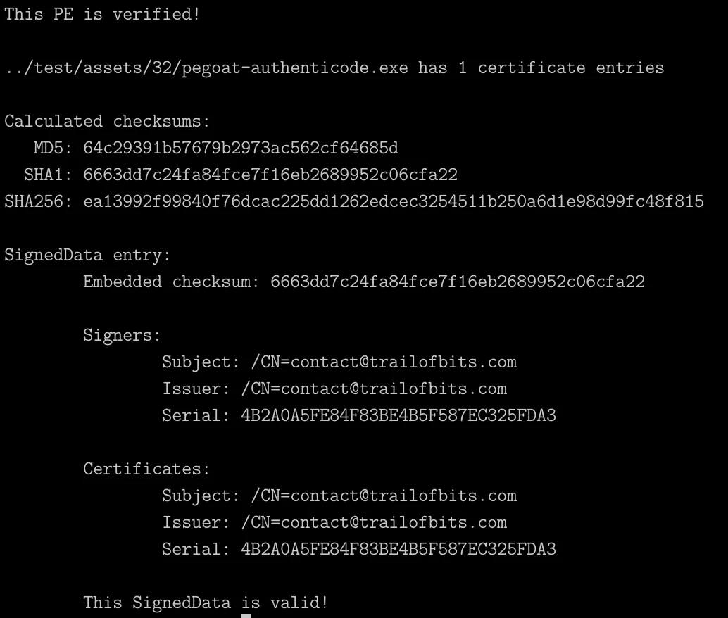 Terminal output from svcli showing a verified Authenticode signature on pegoat-authenticode.exe, including calculated checksums, signer and certificate details, and a valid SignedData result