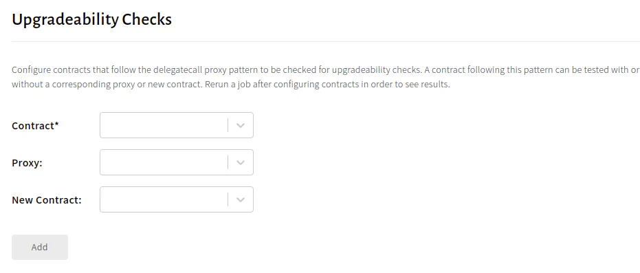Crytic upgradeability configuration panel showing fields for the upgraded contract, proxy, and new version