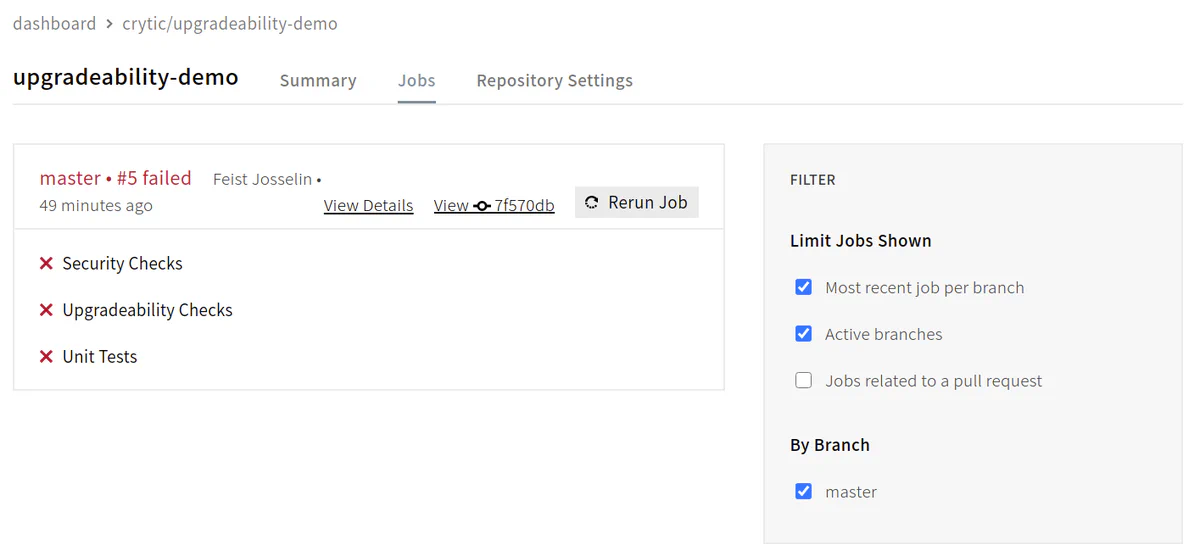 Crytic upgradeability checks running alongside other checks on a pull request