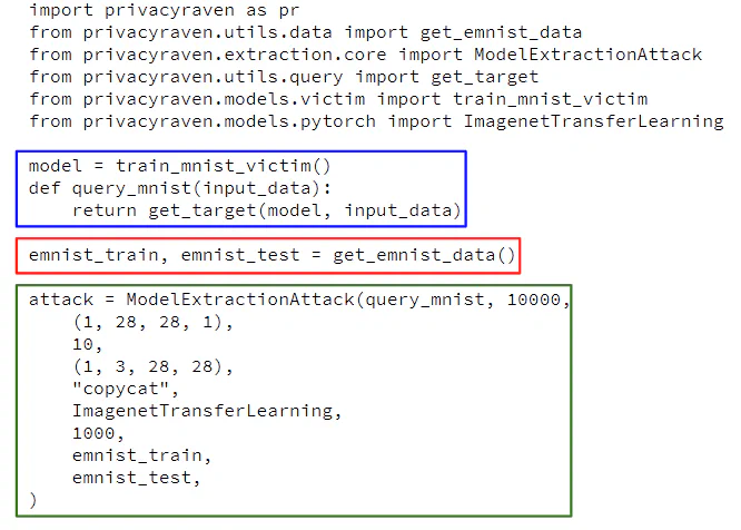Screenshot of PrivacyRaven code showing a query function for a PyTorch Lightning victim model boxed in blue, the EMNIST dataset download boxed in red, and the model extraction attack configuration boxed in green