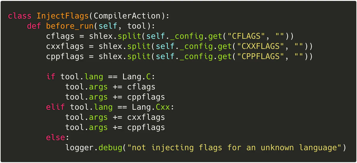Python source defining the InjectFlags action, which injects CFLAGS, CXXFLAGS, and CPPFLAGS from its configuration