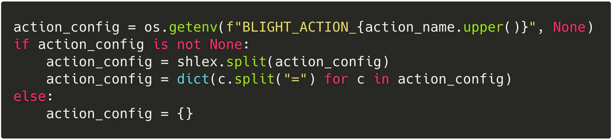 Python source parsing the BLIGHT_ACTION_ACTIONNAME environment variable into a configuration dictionary