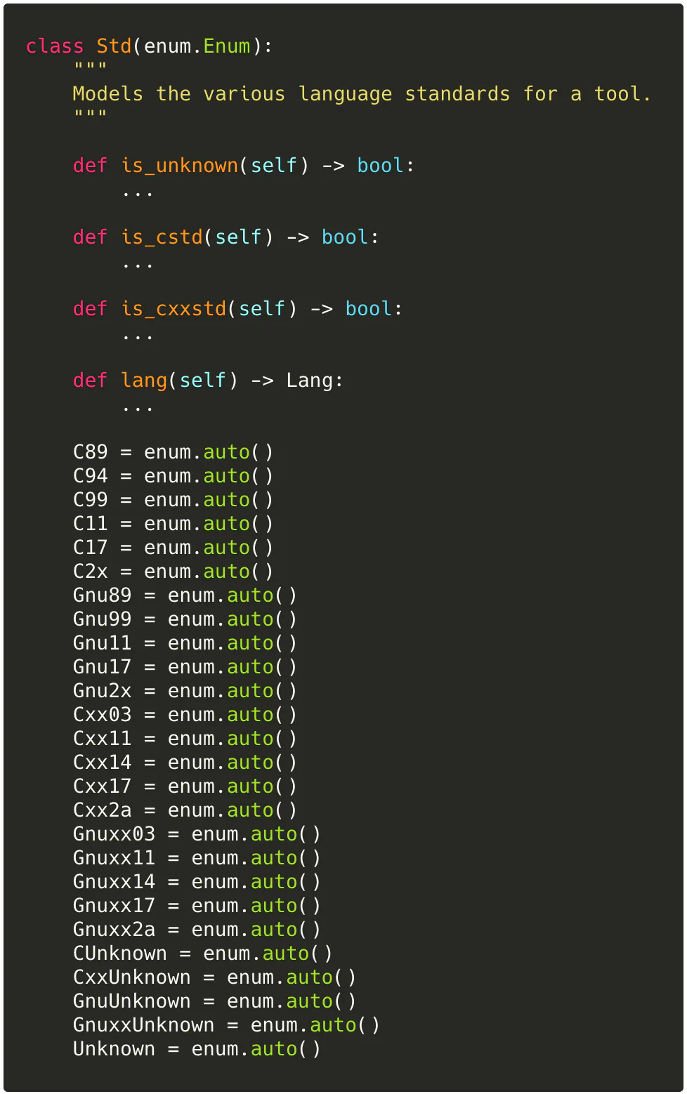 Python source defining the Std enum listing supported language standards