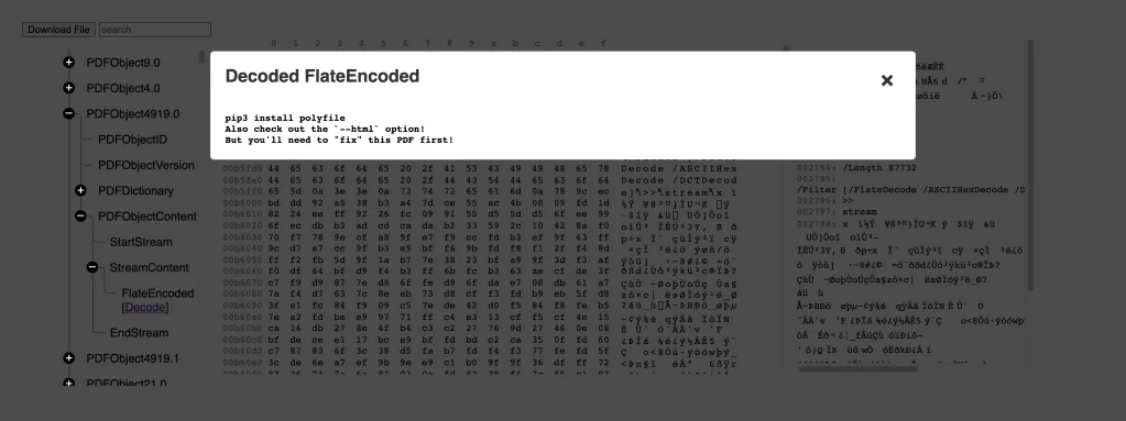 PolyFile showing the decoded FlateDecode stream revealing the polyfile install hint