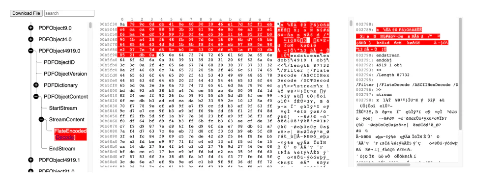 PolyFile&rsquo;s hex viewer highlighting PDF object 4919, version 0x1337