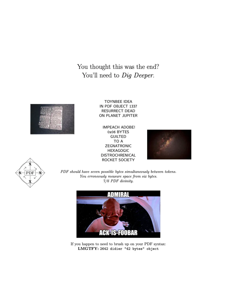 Meme-filled montage rendered by the modified mutool binary, hinting at PDF object 1337 and the ACK byte trick