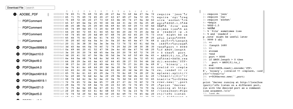 PolyFile&rsquo;s hierarchical HTML viewer showing the challenge PDF&rsquo;s hex dump and decoded PDF comment