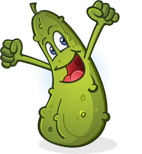 Cartoon pickle mascot giving two thumbs up