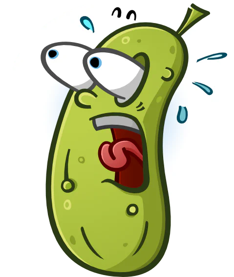 Cartoon pickle mascot with wide, startled eyes and its mouth open