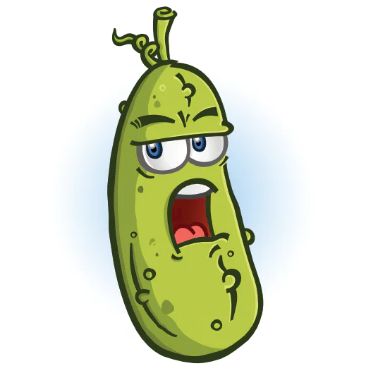 Cartoon pickle mascot scowling with an angry expression