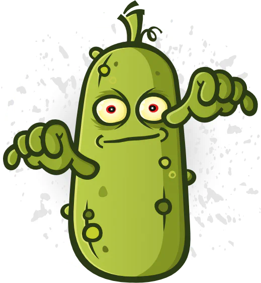 Cartoon pickle mascot with glowing red eyes, pointing