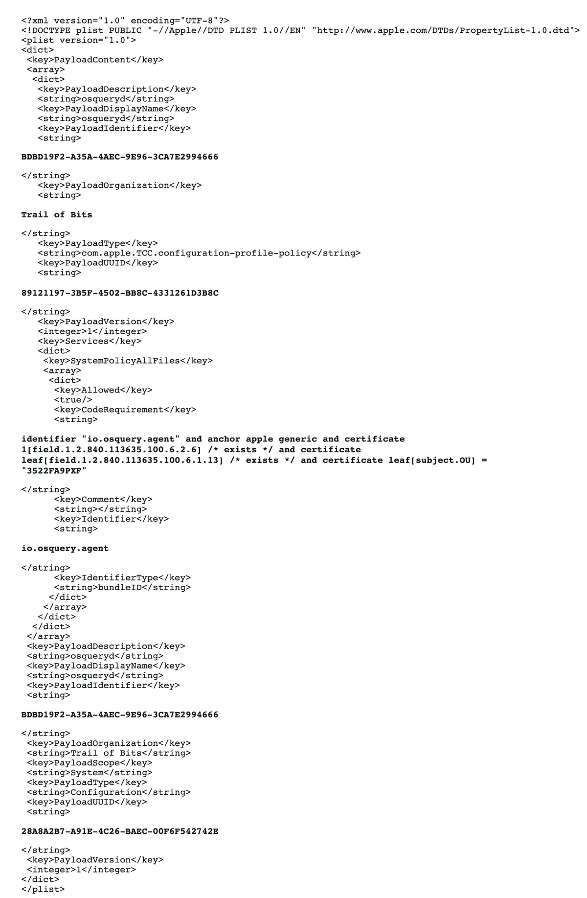 Example PPPC configuration profile granting Full Disk Access to osquery