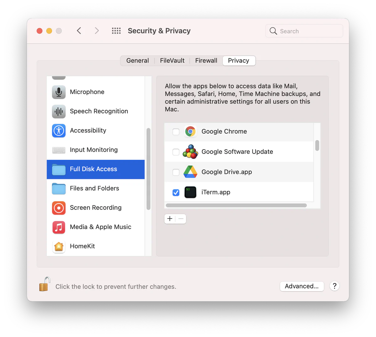 Full Disk Access permission dialog in macOS System Preferences