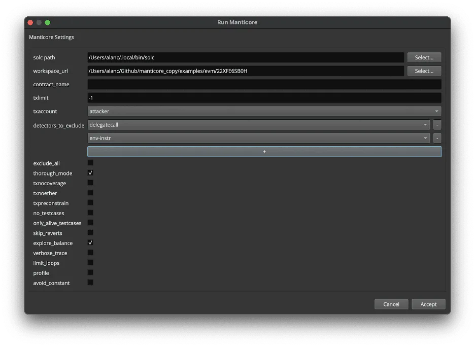 EVM run dialog