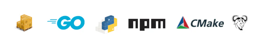 Logos of the package managers and build systems supported by it-depends: Cargo, Go, pip, npm, CMake, and Autotools