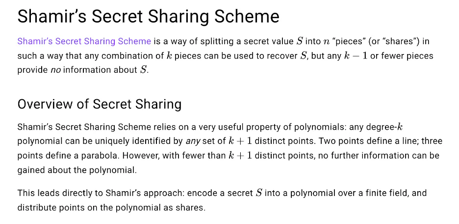 The “Shamir’s Secret Sharing Scheme” section of ZKDocs