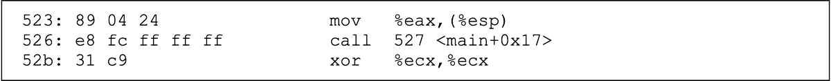 Disassembly listing of the main function showing a relocated call instruction