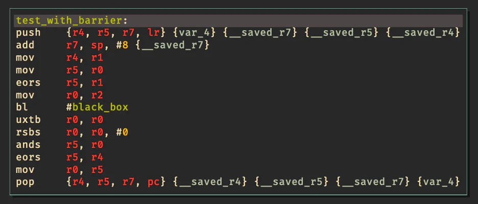 Decompiled ARM assembly for test_with_barrier showing a single basic block with no branch