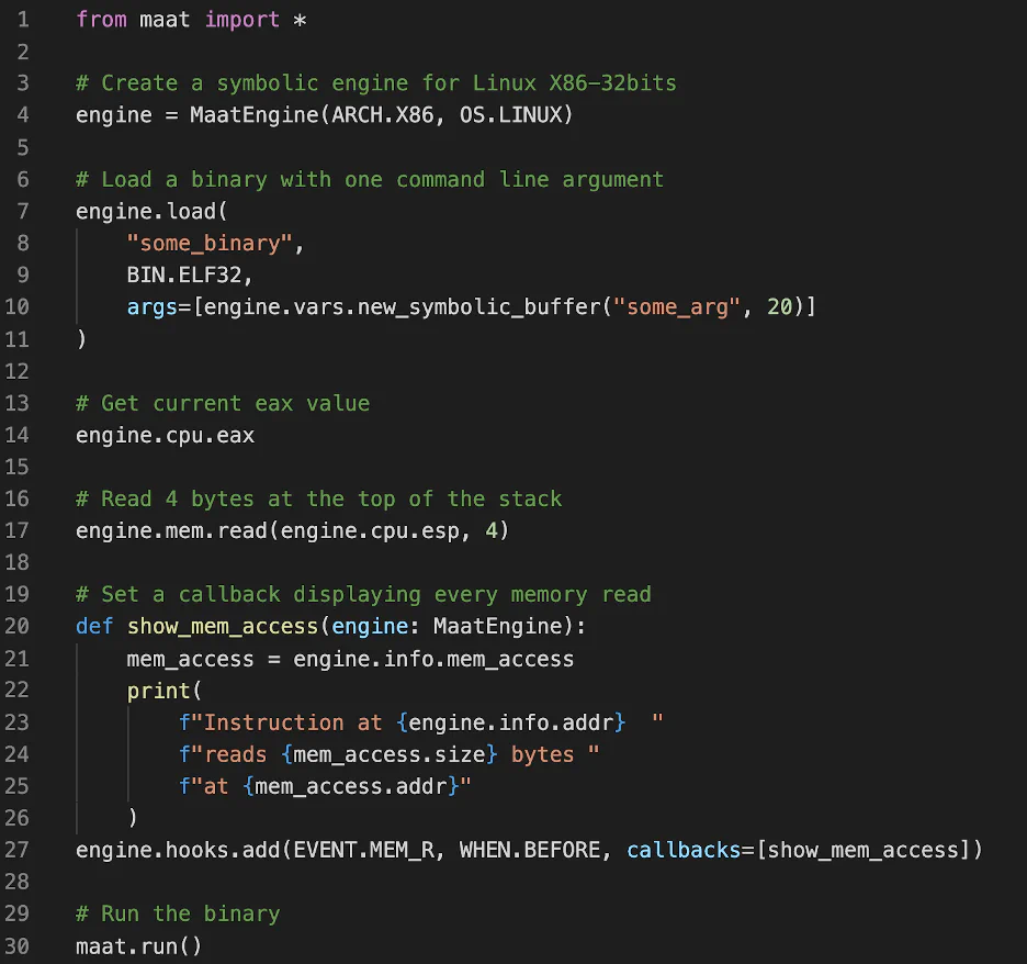 Example Python script using the Maat API to create a symbolic engine, load a binary, read memory, and register a callback hook