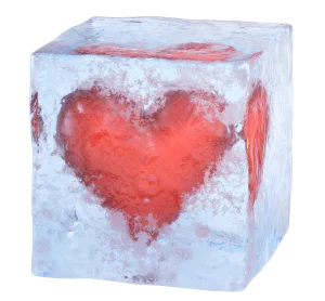 A red heart frozen inside a block of ice, the Frozen Heart vulnerability series logo
