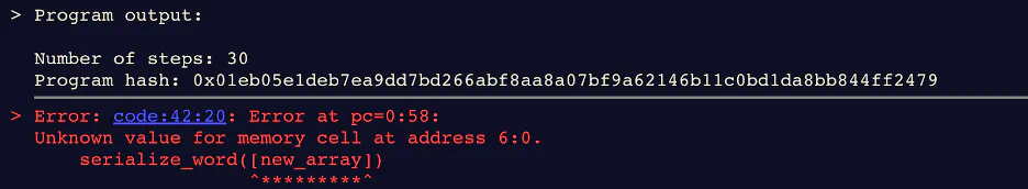 Terminal output showing an error for an unknown memory value in new_array