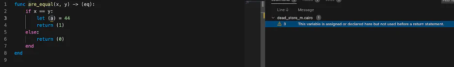 Side-by-side view of Cairo code with a dead store underlined next to the SARIF Viewer extension results panel