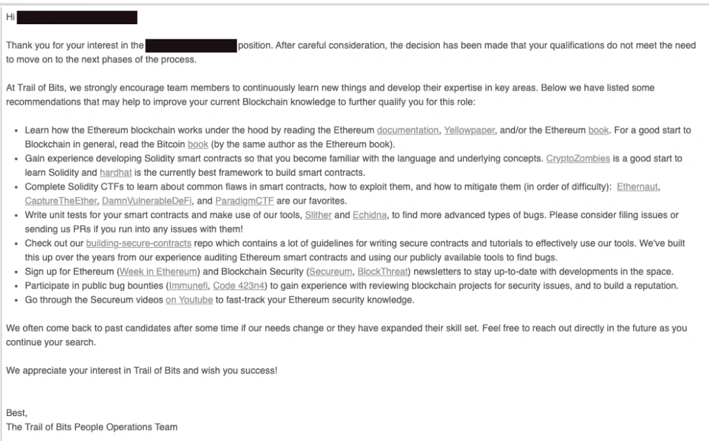 Screenshot of a Trail of Bits rejection letter from the Blockchain team, listing recommended resources for building blockchain security skills
