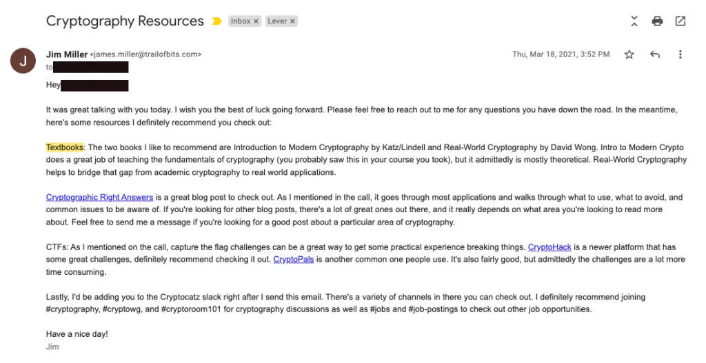 Screenshot of a rejection email from a Trail of Bits cryptography team member recommending cryptography textbooks, blog posts, and CTFs