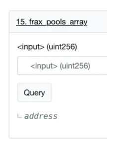 Etherscan Read Contract interface showing the frax_pools_array function with a uint256 index input and a Query button